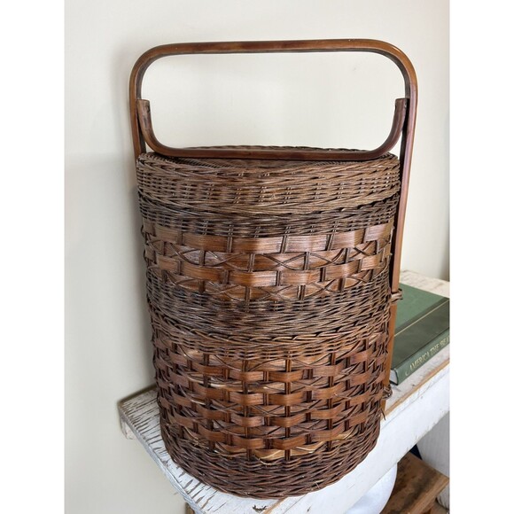 Vintage 2-Tier Chinese Asian Wedding Basket Woven Wicker Rattan Bamboo/Cane Boho - Picture 10 of 12